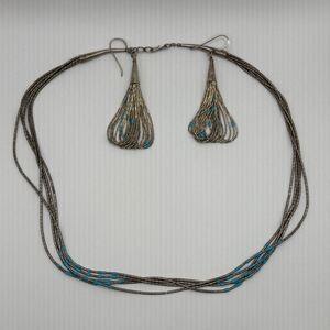 925 Sterling Silver 17” Turquoise Chain Necklace with Matching Earrings Set